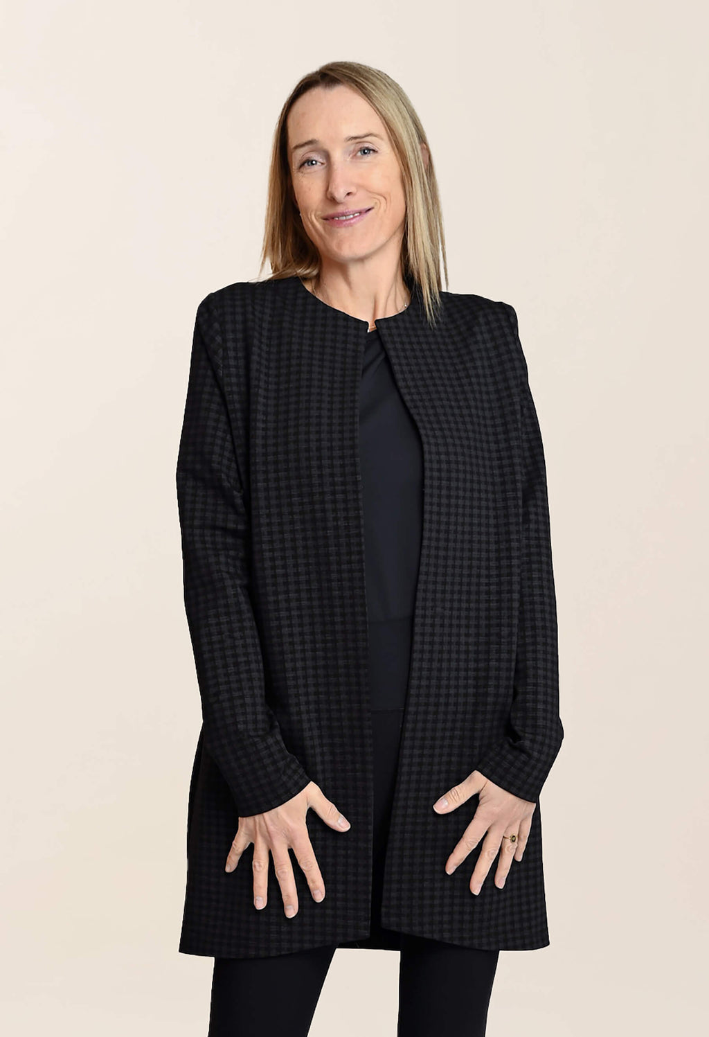 KSL2 Veste Gris - Carreau / XS Juliana- Veste longue et élégante avec poches latérales